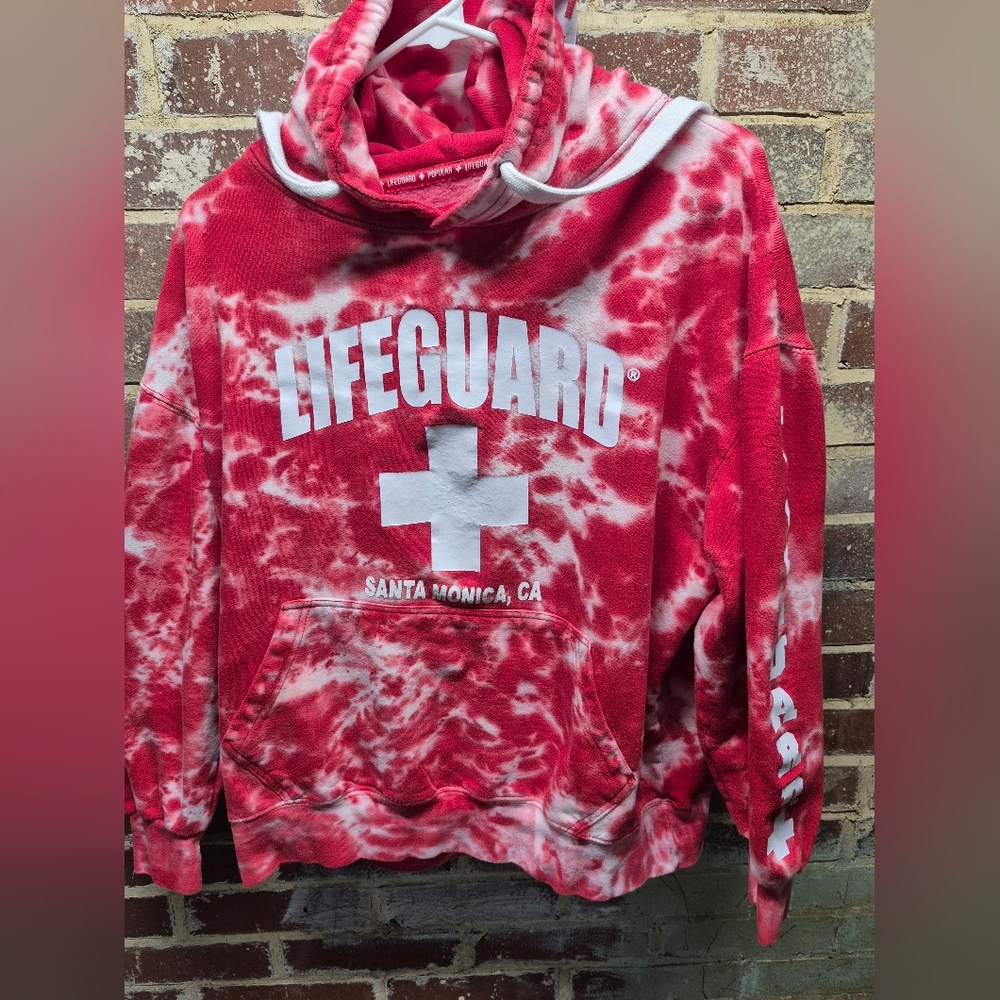 LIFEGUARD Red Tie Dye Hoodie Sweatshirt Santa Monica CA Pullover Size L